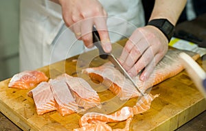 Preparing fresh salmon fish