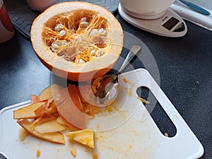 Preparing a gourd to cook