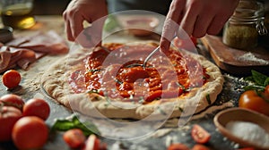 Preparing Handmade Pizza with Tomato Sauce and Basil. Hands delicately spooning tomato sauce onto homemade pizza dough, garnished