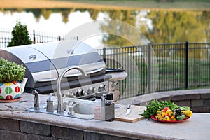 Preparing a healthy meal in an outdoor kitchen photo