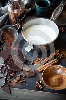 Milk in a pot, dark chocolate, cinnamon and star anise
