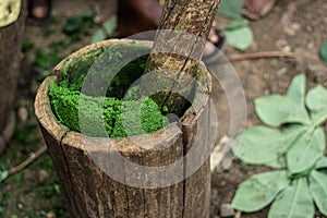 Preparing Isombe inside a trunk, a traditional dish from DR Congo, Rwanda and Burundi