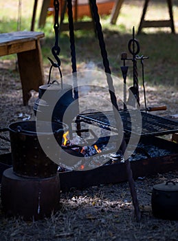 Preparing Lunch in a Bonfire Camp with a Medieval Kitchen in the Woods, Santa Maria da Feira.