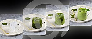 Preparing matcha latte to be served as a ready to drink energy drink. Composite image