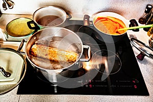 Preparing meals in pots on hot cooktop in kitchen