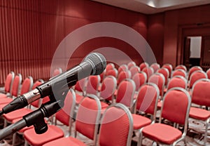 Preparing microphone on podium of conference hall or seminar room event