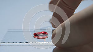 Preparing a microscope slide, dropping a red substance liquid from a petri dish on a microscope slide, closeup macro