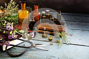 Preparing natural medicine, healing herbs, scissors and apotheca