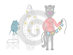 Preparing for the new year. Vector illustration of cartoon cat and mouse that decorate the Christmas tree. Hand-drawn