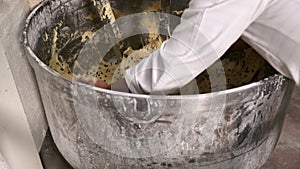 Preparing the panettone dough in the industrial mixer.