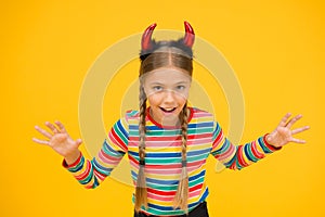 Preparing for party. Small demon. Playful demon girl. Little demon inside. Girlish temper. Cute but dangerous. Halloween