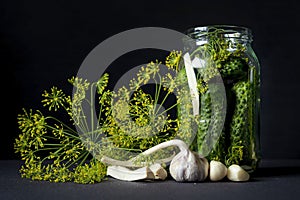 Preparing pickled cucumbers with herbs. Marinated cucumbe