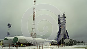 Preparing a rocket for launch into space on a winter morning