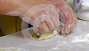 Preparing of russian traditional eggs and onion pasty