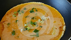 Preparing Scrambled Eggs Mixed with Cornflour and Seasoned with Spring Onion