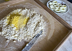 Preparing shortcrust pastry for baking sweet dough photo