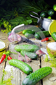 Preparing sour cucumbers in the kitchen on wood