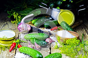 Preparing sour cucumbers in the kitchen on wood