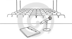 Preparing for Speech Sketch with Microphone and Notepad in Auditorium