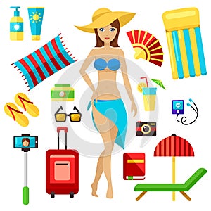 Preparing for summer beach vacation, travel, trip, journey vector set. Planning, girl packing check list. Vacation female elements