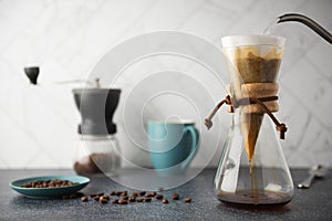 Preparing to make pour-over coffee with all items laid out on counter top