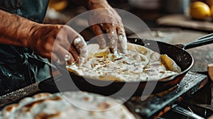 Preparing traditional flatbread on a pan