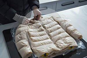 preparing a vacuumsealed bag with a puffer jacket for dispatch