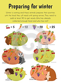 Preparing winter Educational Sheet. Primary module for Numerical Ability. 5-6 years old