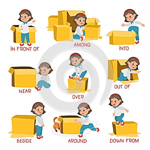 Preposition learning visual aid. Cute girl with cardboard box. Primary school education. English language studying