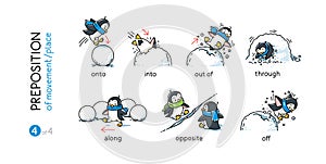 Preposition of movement Funny penguins cartoon set