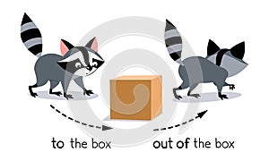 Preposition of movement. Raccoon go to the box and out of the box