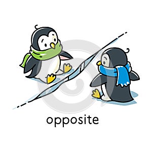 Preposition of movement. Two penguins are sitting opposite each other