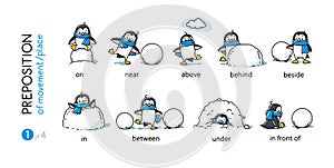 Preposition of place. Funny penguins cartoon set