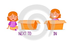 Preposition of place with girl standing next to and in the box cartoon vector illustration