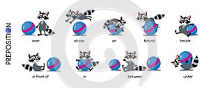 Preposition of place set. Raccoon and ball