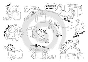 Prepositions of direction. English prepositions of movement. Black and white cartoon character