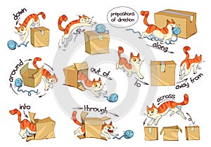 Prepositions of direction. English prepositions of movement. A clear example with a cat and a box