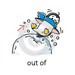 Prepositions. Penguin falls out of a snowball