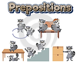 Prepostion wordcard design with movements of raccoon