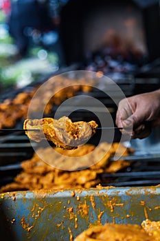 Prepping the chicken skew Kebab barbeque with marinated spices. Traditional Indian and Pakistan dish