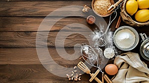 Prepping for Culinary Delights: Vibrant Baking Essentials Displayed on a Rustic Wooden Table, Ideal