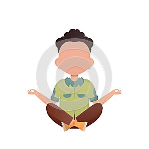 Preschool boy Sitting in the lotus position. Isolated. Cartoon style.