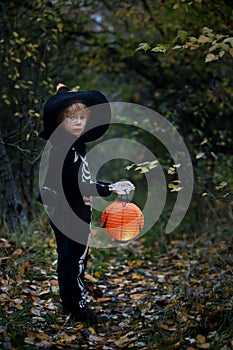 Preschool child with halloween costume and jack` o` lantern in a forest, scary skelleton