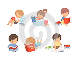 Preschool children reading books while lying and sitting on floor set. Cute kids literature fans. Education, hobby