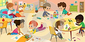 Preschool Class. Vector illustrations of children in the playroom, boys and girls involved in various activities, draw