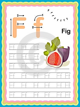 Preschool Colorful letter F Uppercase and Lowercase Tracing alphabets start with Vegetables and fruits daily writing practice