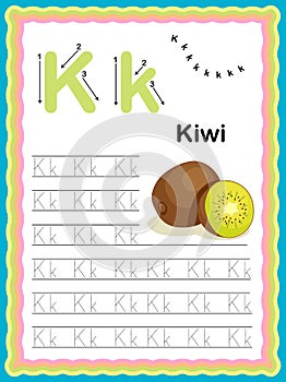 Preschool Colorful letter K Uppercase and Lowercase Tracing alphabets start with Vegetables and fruits daily writing practice