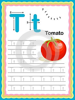 Preschool Colorful letter T Uppercase and Lowercase Tracing alphabets start with Vegetables and fruits daily writing practice