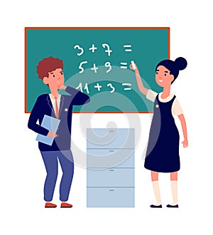 Preschool education. Back to school, boy girl wear uniform in classroom. Cartoon children near chalkboard solve examples