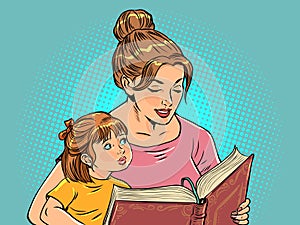 Preschool education of children. Relationship between mother and children. A woman is reading a book to a girl.